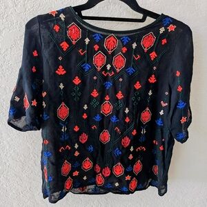 Lucky Brand Mesh Embroidered Mesh Top Sz M